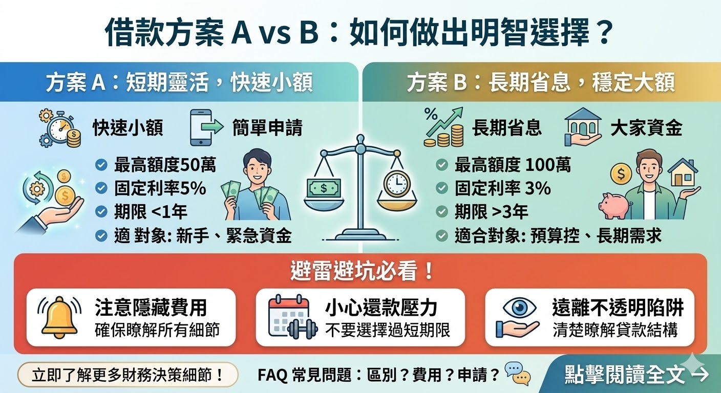 借款方案A與方案B各有優缺點,適合不同需求的借款人。方案A適合需要快速獲得資金的人,提供簡單的申請流程和短期還款期,但利率較高。相比之下,方案B適合尋求長期貸款的人,提供更低的利率和較長的還款期限,但申請條件較為嚴格。在選擇借款方案時,了解兩者的差異及其適合的人群能幫助你做出更明智的決策。